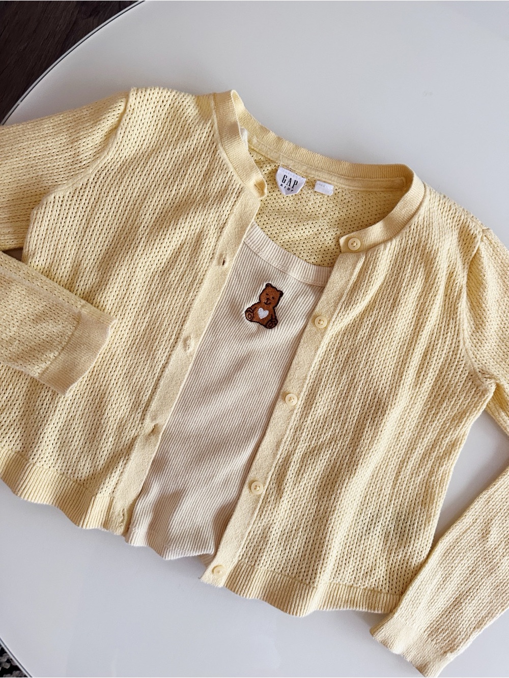 GAP Set of 2 Butter Yellow Ribbed Tank with Brown Teddy Patch and Cardigan